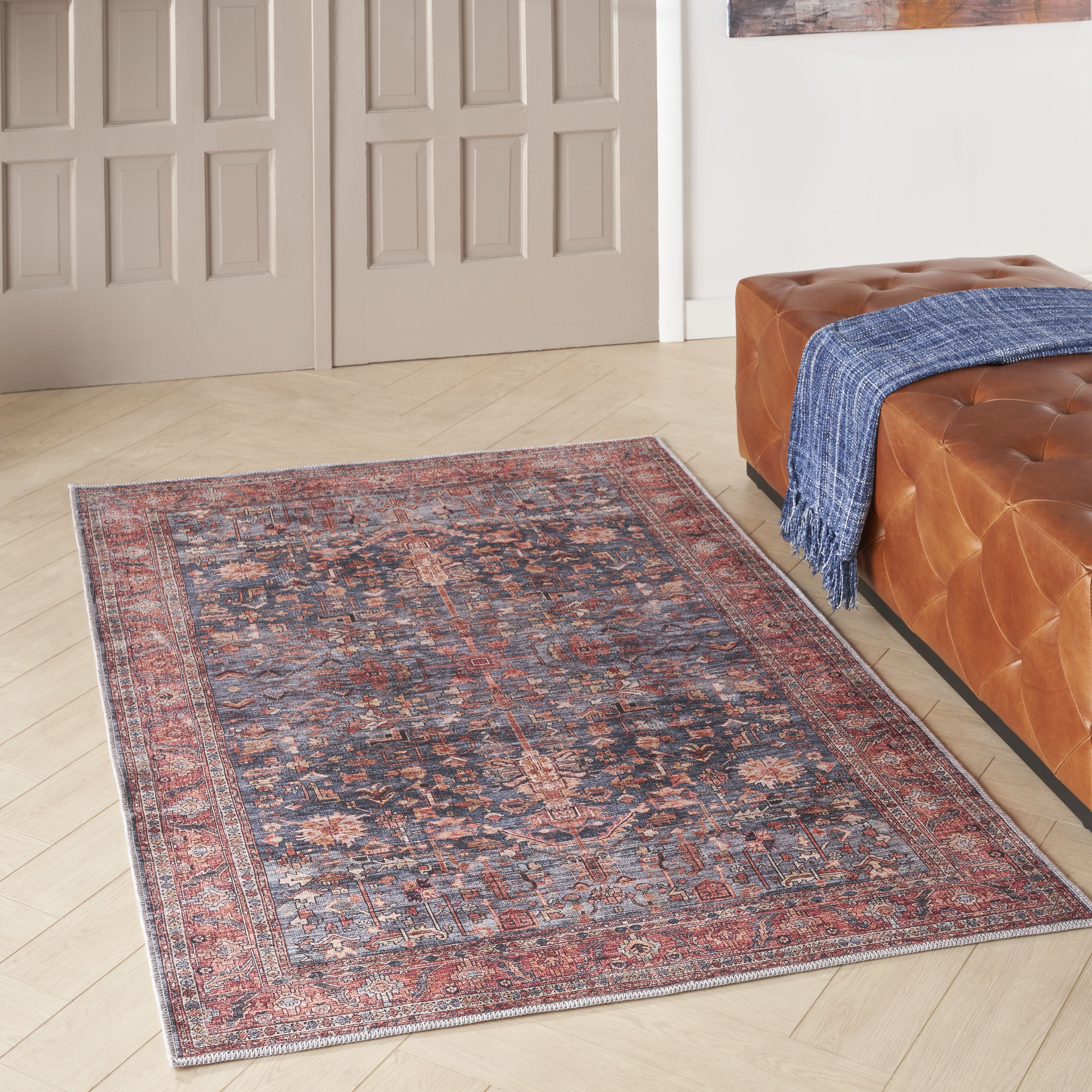 Navy and Brick Vintage Washable Wool Blend 4' x 6' Area Rug