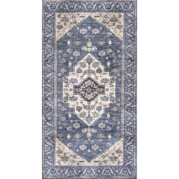 Nourison Washable Brilliance Medallion Indoor Bathroom, Kitchen Mat Rug Denim 2' x 3'9"