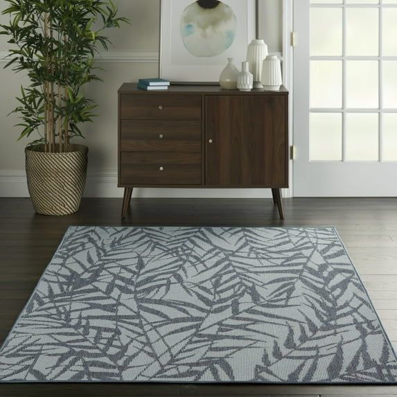 Nourison Calabas Indoor/Outdoor Modern Botanical Light Blue/Slate 4'3" x 6'3" Area Rug, (4' x 6')