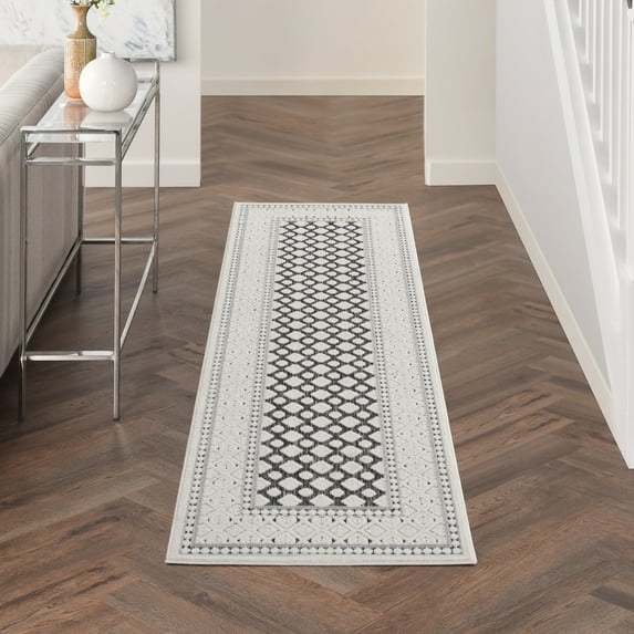 Nourison Calobra Indoor/Outdoor Contemporary Bordered Dark Grey 2'2" x 10' Area Rug, (10' Runner)