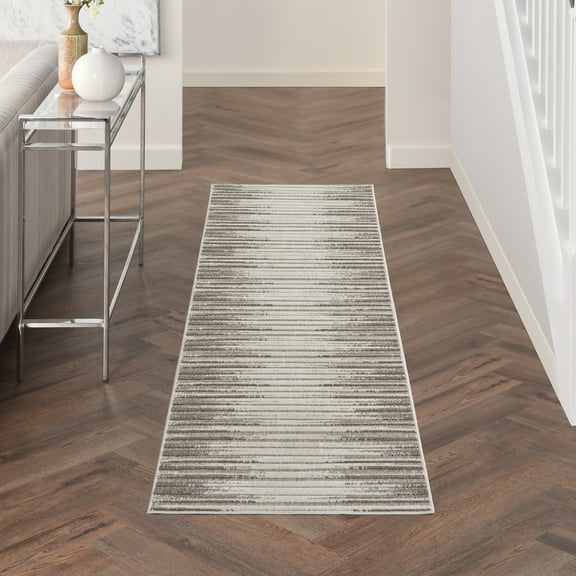 Nourison Calobra Indoor/Outdoor Contemporary Striped Lt Grey 2'2" x 10' Area Rug, (10' Runner)