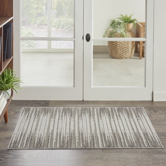 Nourison Calobra Indoor/Outdoor Contemporary Striped Lt Grey 2'2" x 3'9" Area Rug, (2' x 4')