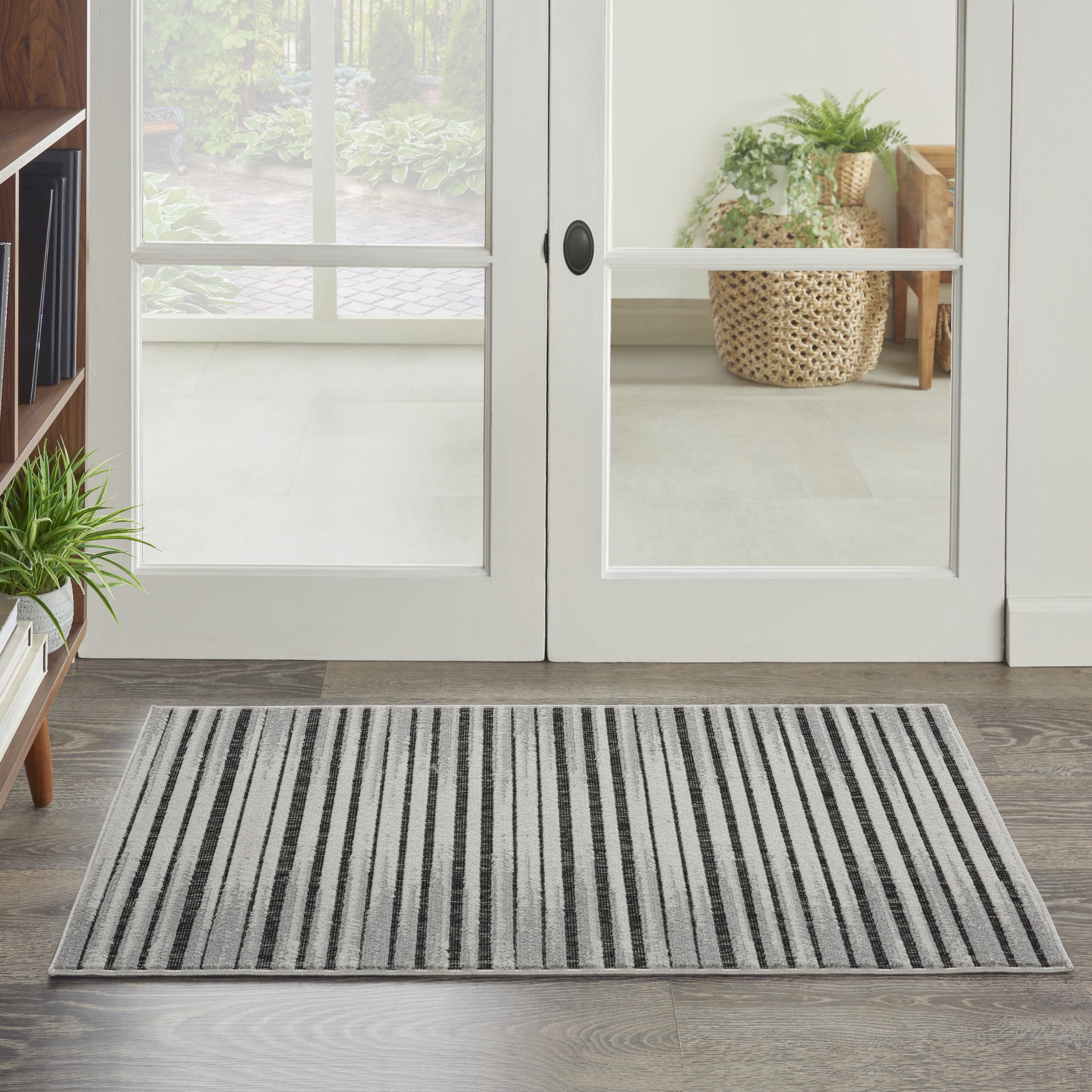 Calobra Dark Grey Striped Synthetic Indoor/Outdoor Rug