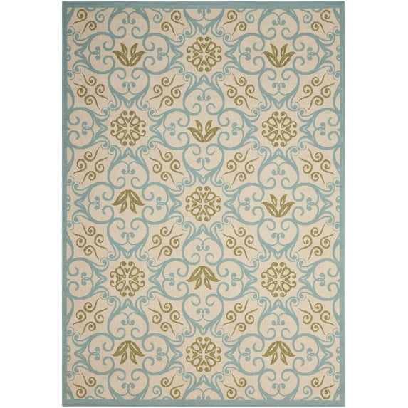 Nourison Caribbean Indoor/Outdoor Geometric Floral Ivory/Blue 5'3" x 7'5" Area Rug, (5' x 8')
