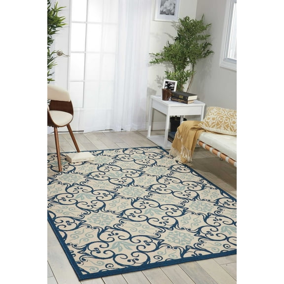 Nourison Caribbean Indoor/Outdoor Geometric Floral Ivory/Navy 2'6" x 4' Area Rug, (3' x 4')