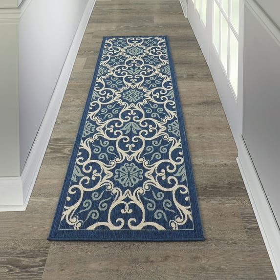 Nourison Caribbean Indoor/Outdoor Geometric Floral Navy 2'3" x 7'6" Area Rug, (8' Runner)