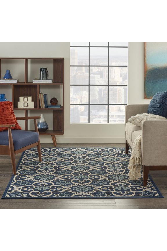 Caribbean Indoor/Outdoor Geometric Floral Navy 3'11" x 5'11" Area Rug, (4' x 6')