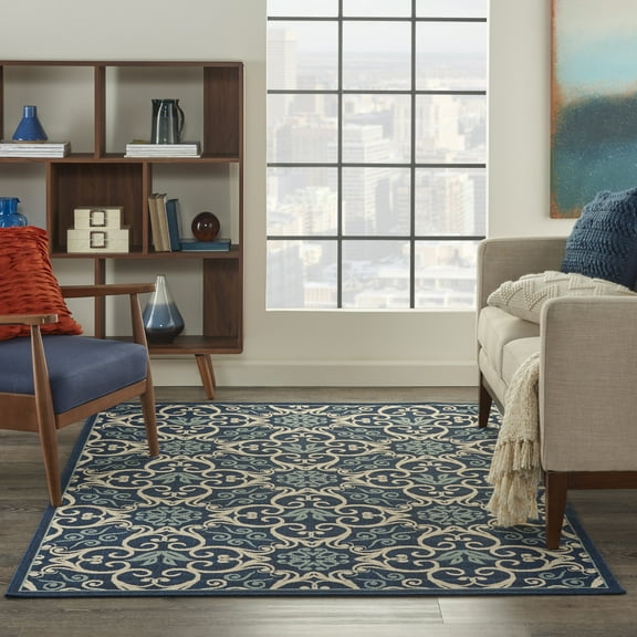 Nourison Caribbean Indoor/Outdoor Geometric Floral Navy 3'11" x 5'11" Area Rug, (4' x 6')