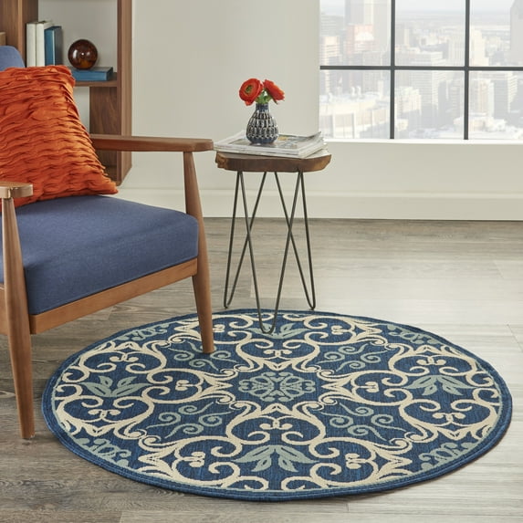 Nourison Caribbean Indoor/Outdoor Geometric Floral Navy 4' x ROUND Area ...