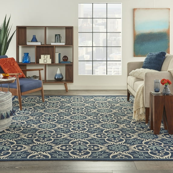 Nourison Caribbean Indoor/Outdoor Geometric Floral Navy 6'7" x 9'6" Area Rug, (7' X 10')
