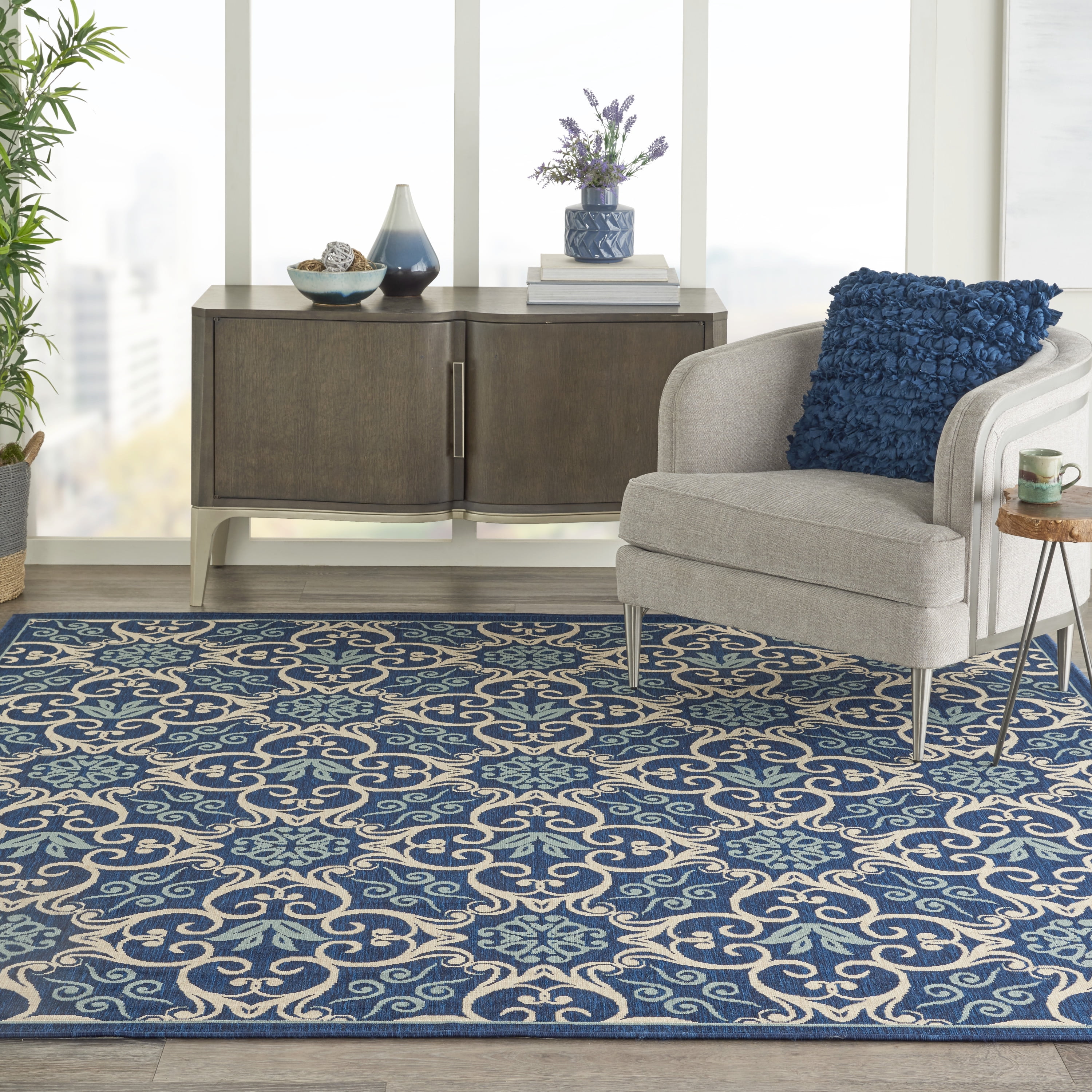 Nourison Caribbean Indoor/Outdoor Geometric Floral Navy 7'10" x SQUARE Area Rug, (8' Square)