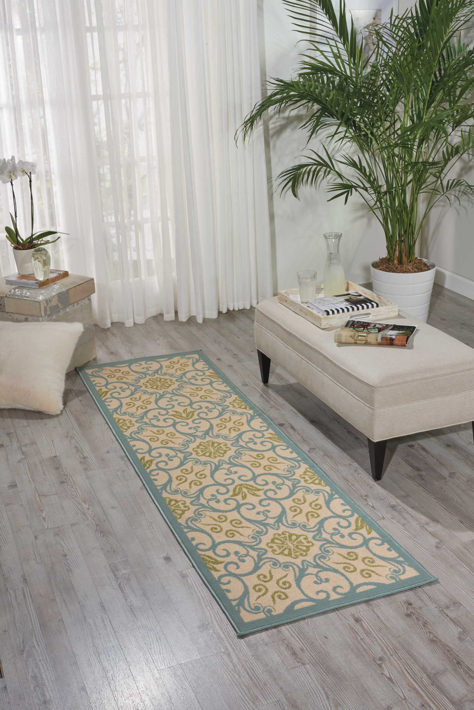 Nourison Caribbean Indoor/Outdoor Ivory/Blue 2'3" x 7'6" Area Rug, (2x8)