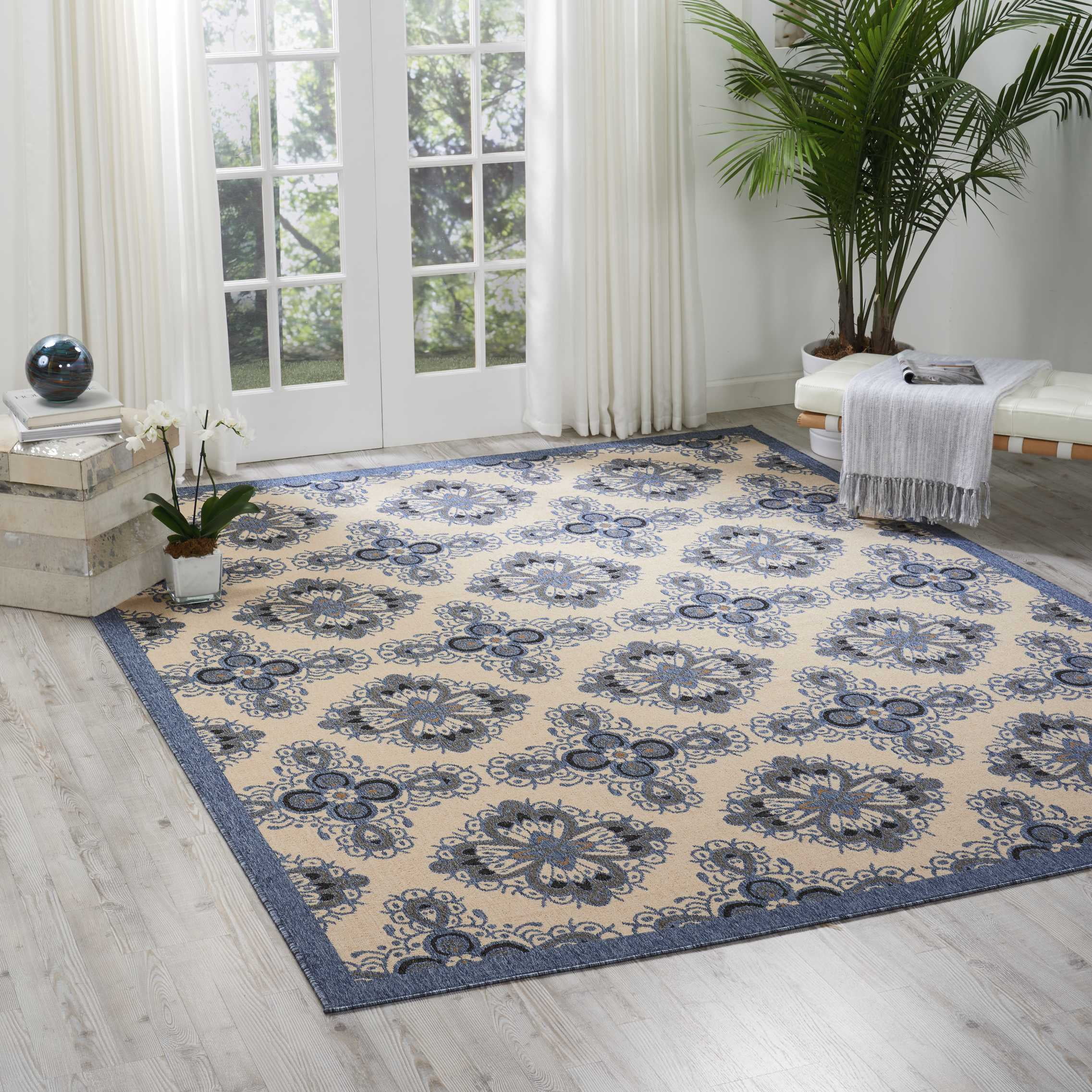 Nourison Caribbean Indoor/Outdoor Ivory/Blue 9'3" x 12'9" Area Rug, (9x13)