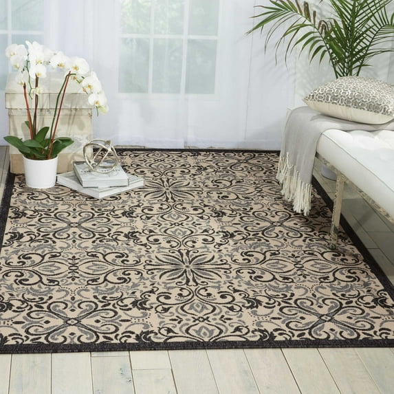 Nourison Caribbean Indoor/Outdoor Ivory/Charcoal 3'11" x 5'11" Area Rug, (4x6)
