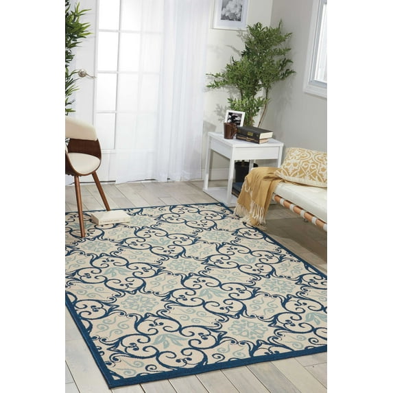 Nourison Caribbean Indoor/Outdoor Ivory/Navy 7'10" x 10'6" Area Rug, (8x11)