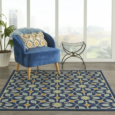 Nourison Caribbean Indoor/Outdoor Retro Floral Navy 5'3" x SQUARE Area Rug, (5' Square)