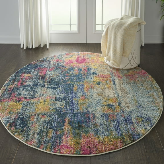 Nourison Celestial Abstract Blue/Yellow 4' x round Area Rug, (4 Round)