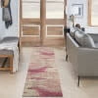 Ivory and Pink Abstract Runner Rug with Synthetic Fibers