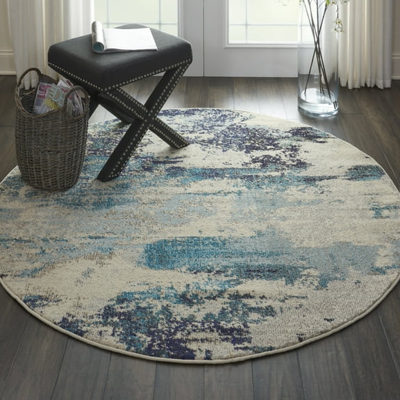 Nourison Celestial Abstract Ivory/Teal Blue 4' x round Area Rug, (4 Round)