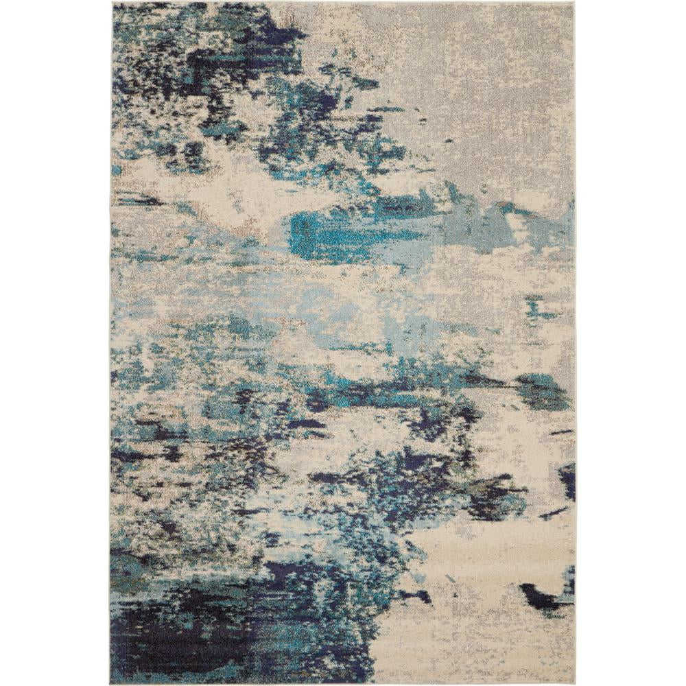 Ivory and Teal Blue Abstract 6' x 9' Synthetic Area Rug