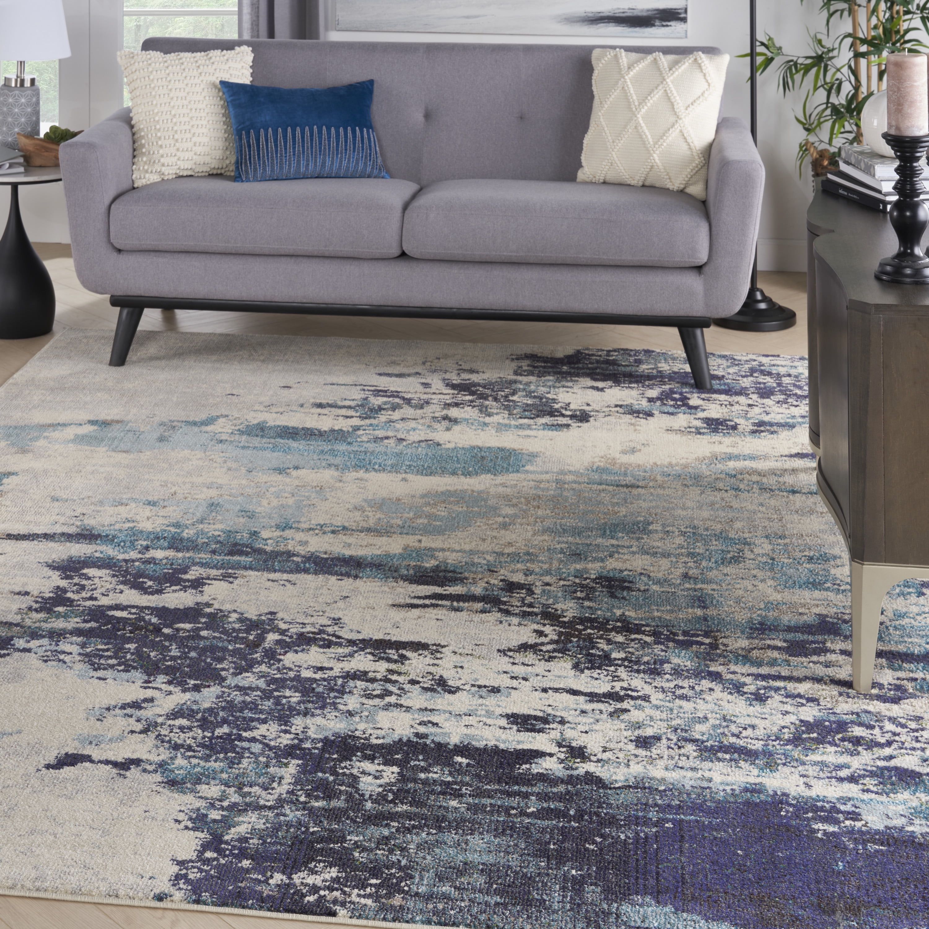 Reversible 5' x 7' Blue Abstract Synthetic Stain-Resistant Rug
