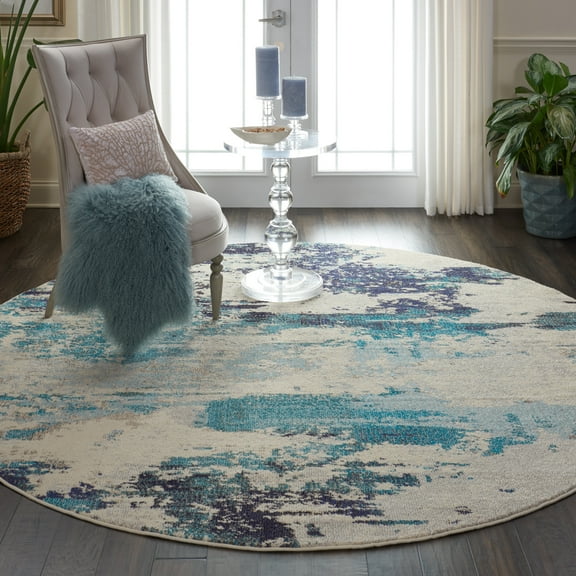 Nourison Celestial Abstract Ivory/Teal Blue 7'10" x round Area Rug, (8 Round)