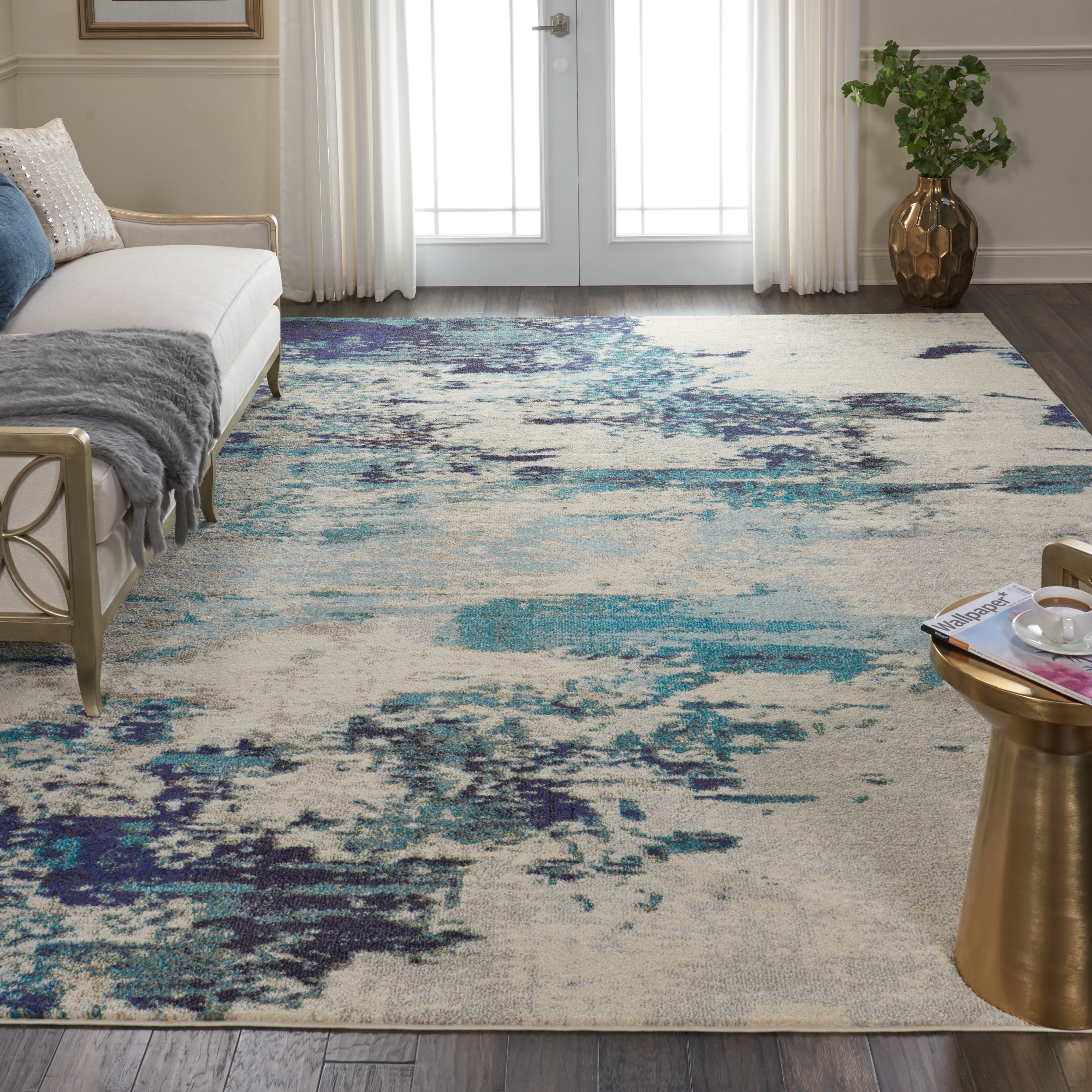 Celestial Swirl 9' x 12' Ivory & Teal Blue Abstract Synthetic Rug