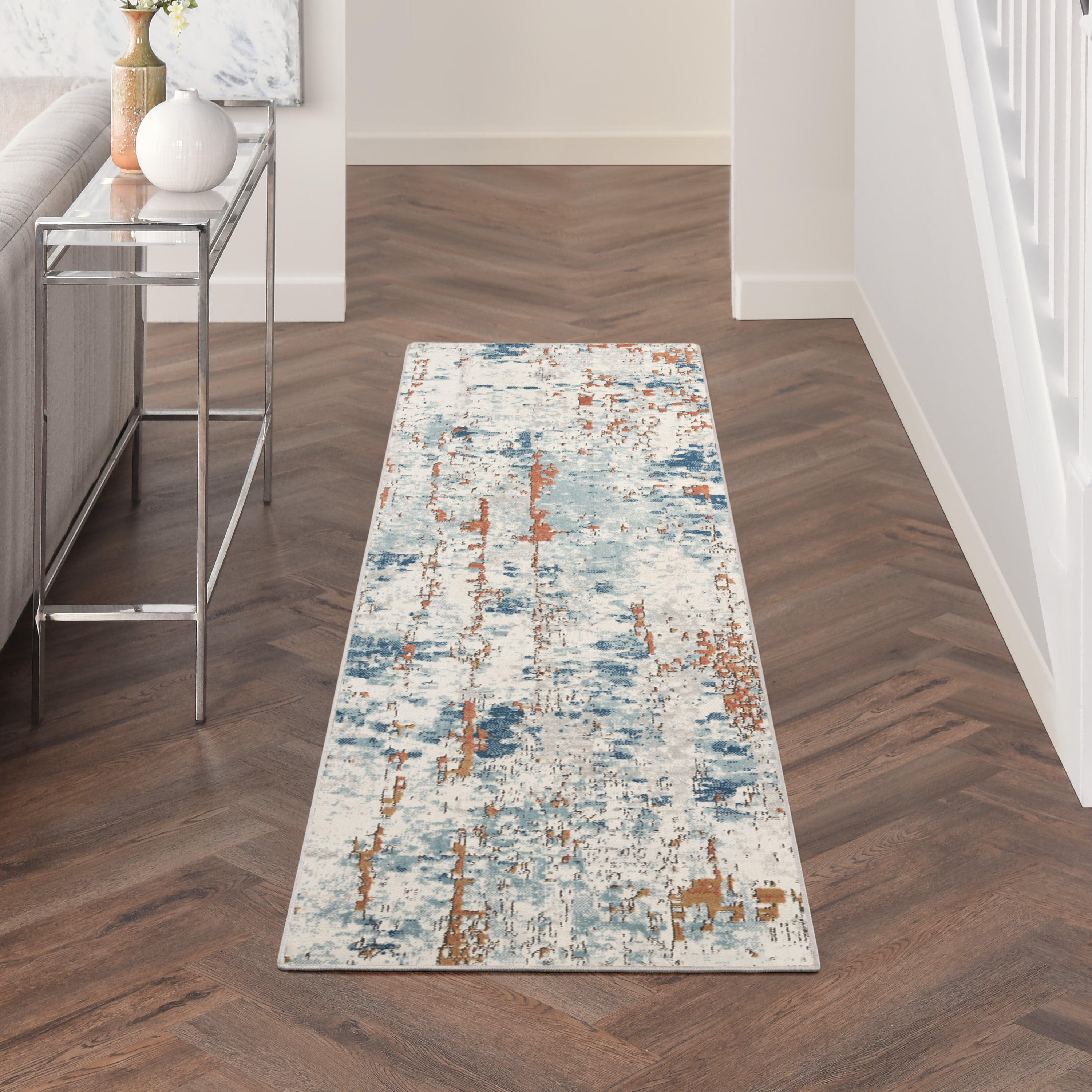 Nourison Concerto Abstract Beige Blue Rust 2'2" x 7'6" Area Rug, (2x8)
