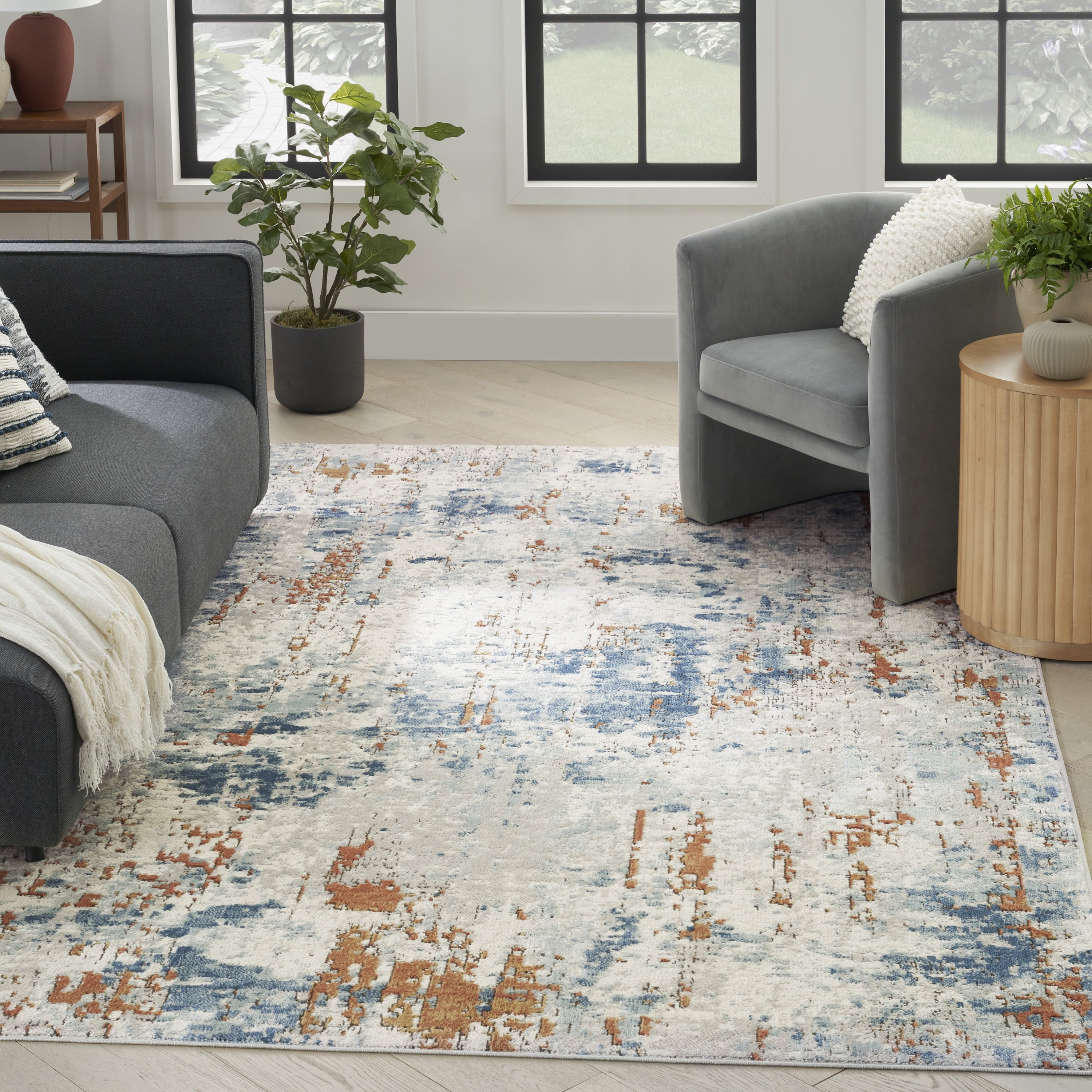 Handmade Beige Blue Rust Rectangular Abstract Synthetic Rug 8' x 10'
