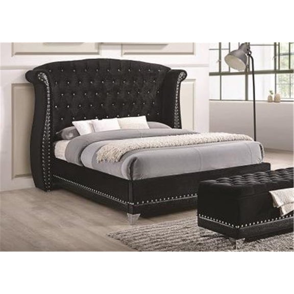 HomeStock Contemporary Cool Upholstered California King Bed with Button-Tufted Headboard, Black Velvet and Leatherette, Chrome Nailhead Trim, 93.5"W x 94"L x 62.5"H
