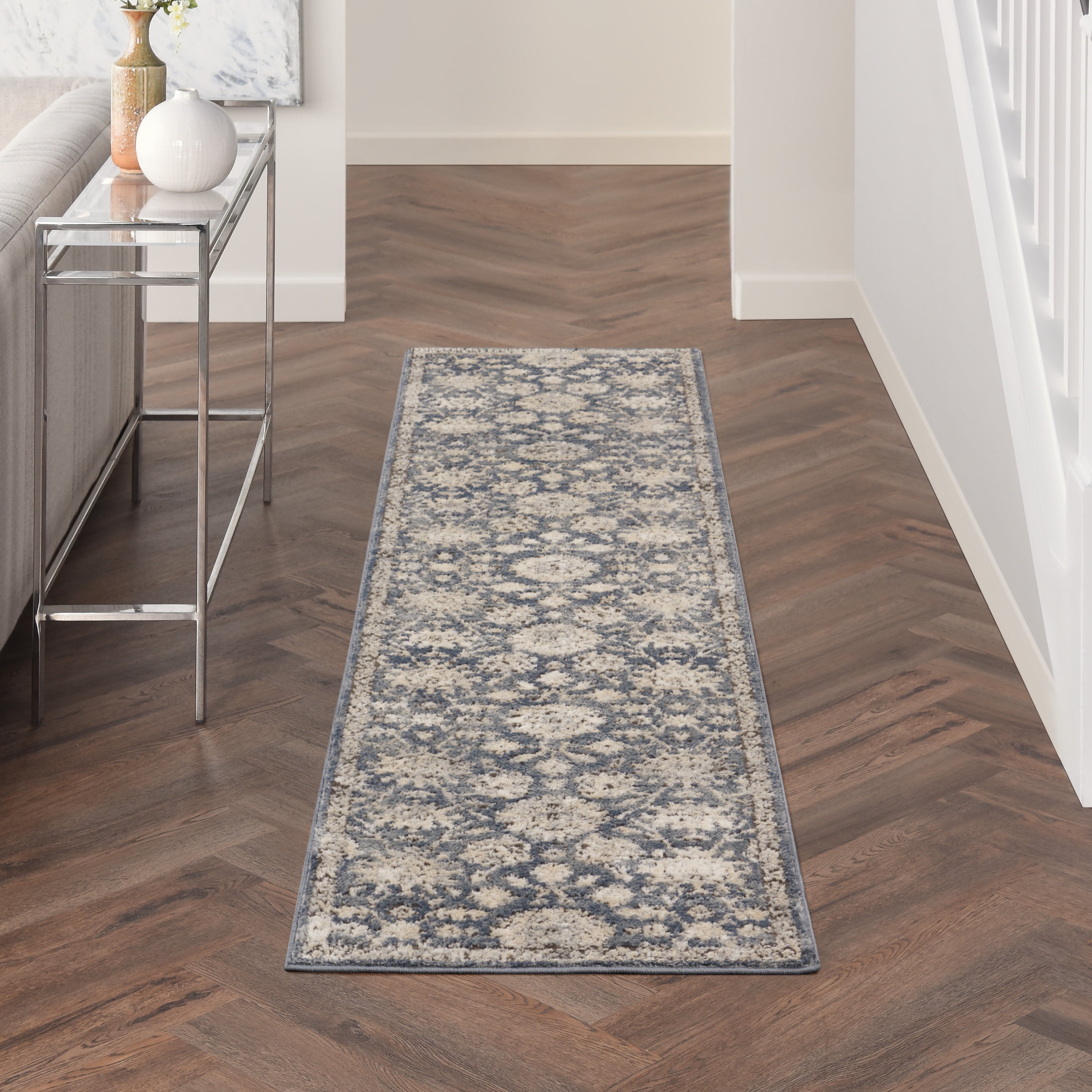 Slate Blue Floral Medallion 26" Hand-Knotted Easy-Care Rug