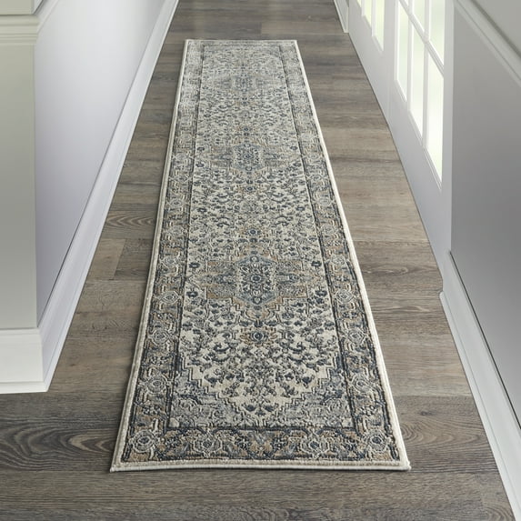 Nourison Concerto Ivory/Grey 2'2" x 12' Area Rug, Transitional, Persian, Bed Room, Living Room, Dining Room, Kitchen, Easy Cleaning, Non Shedding,