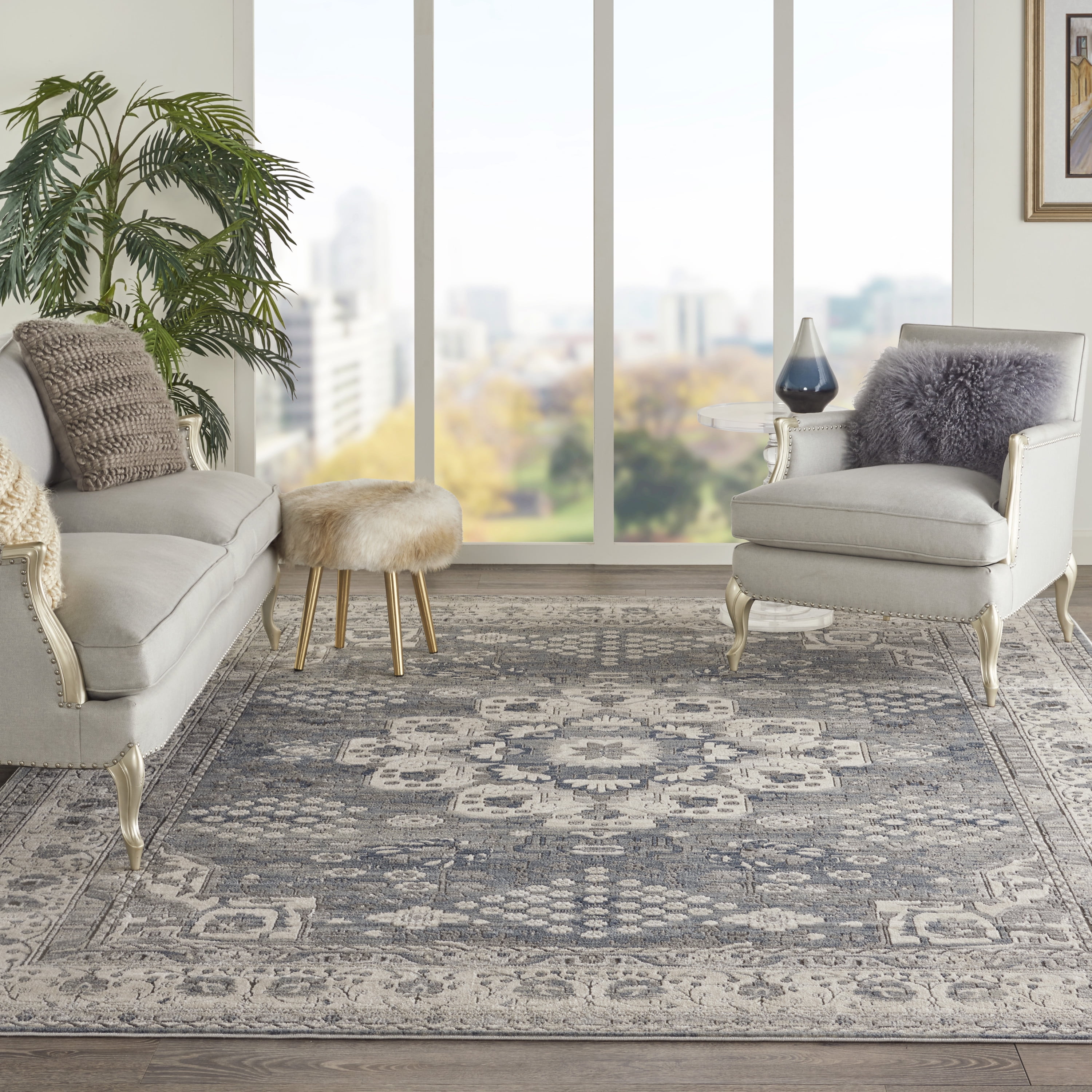 Gray and Ivory Synthetic Persian Style 9' x 12' Area Rug