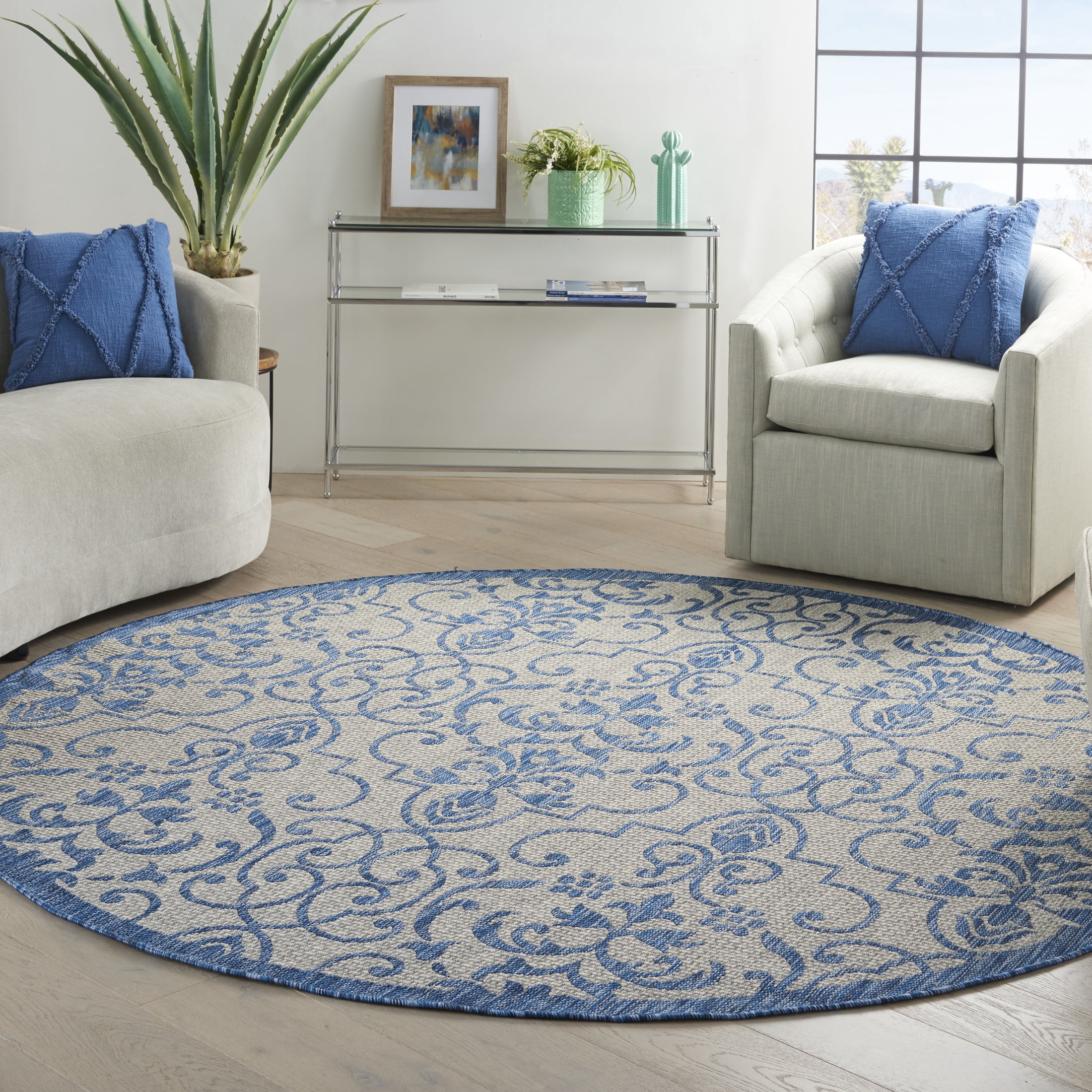 Nourison Country Side 7’10” x Round Ivory Blue Farmhouse Rug