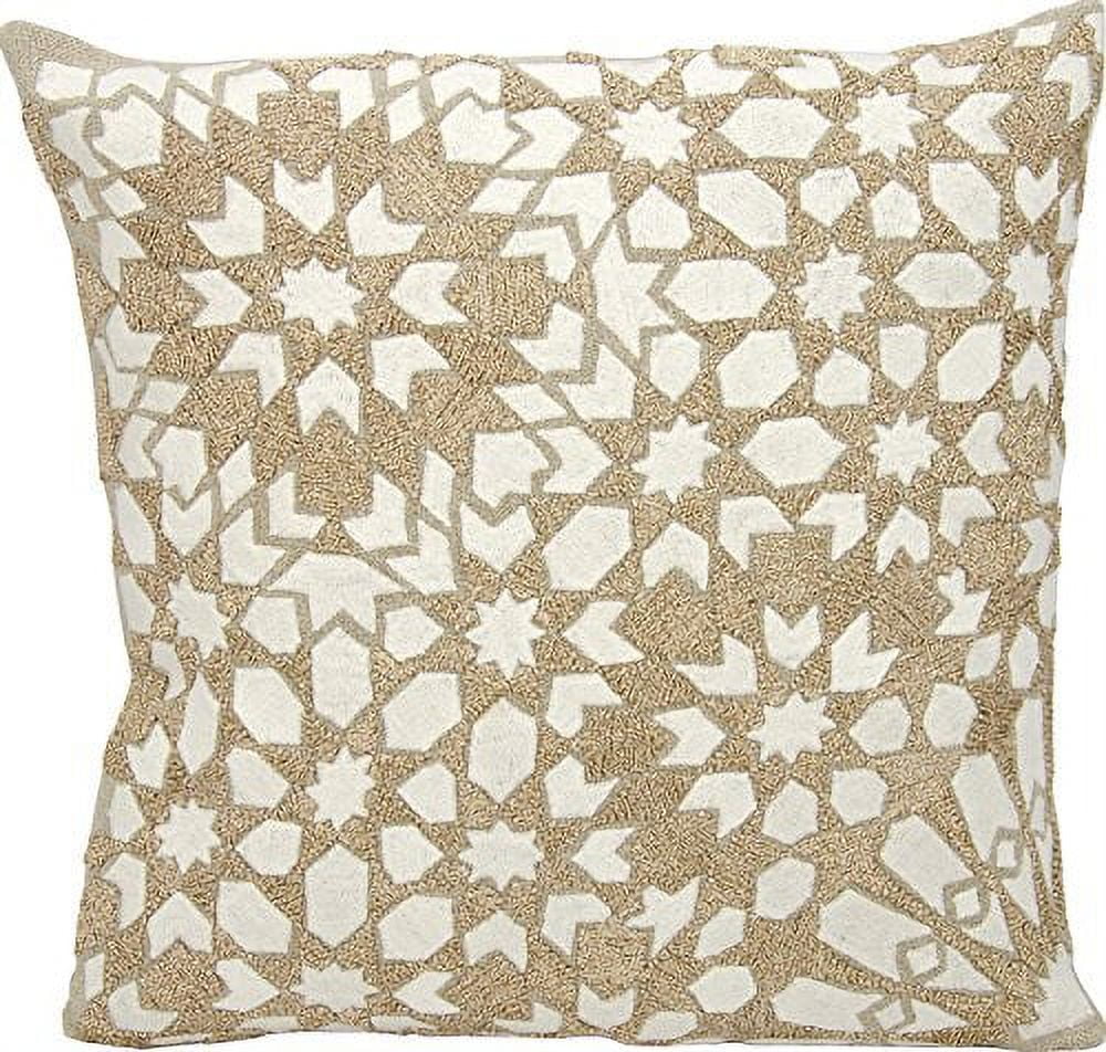 Off-White and Beige Embroidered Linen Square Throw Pillow