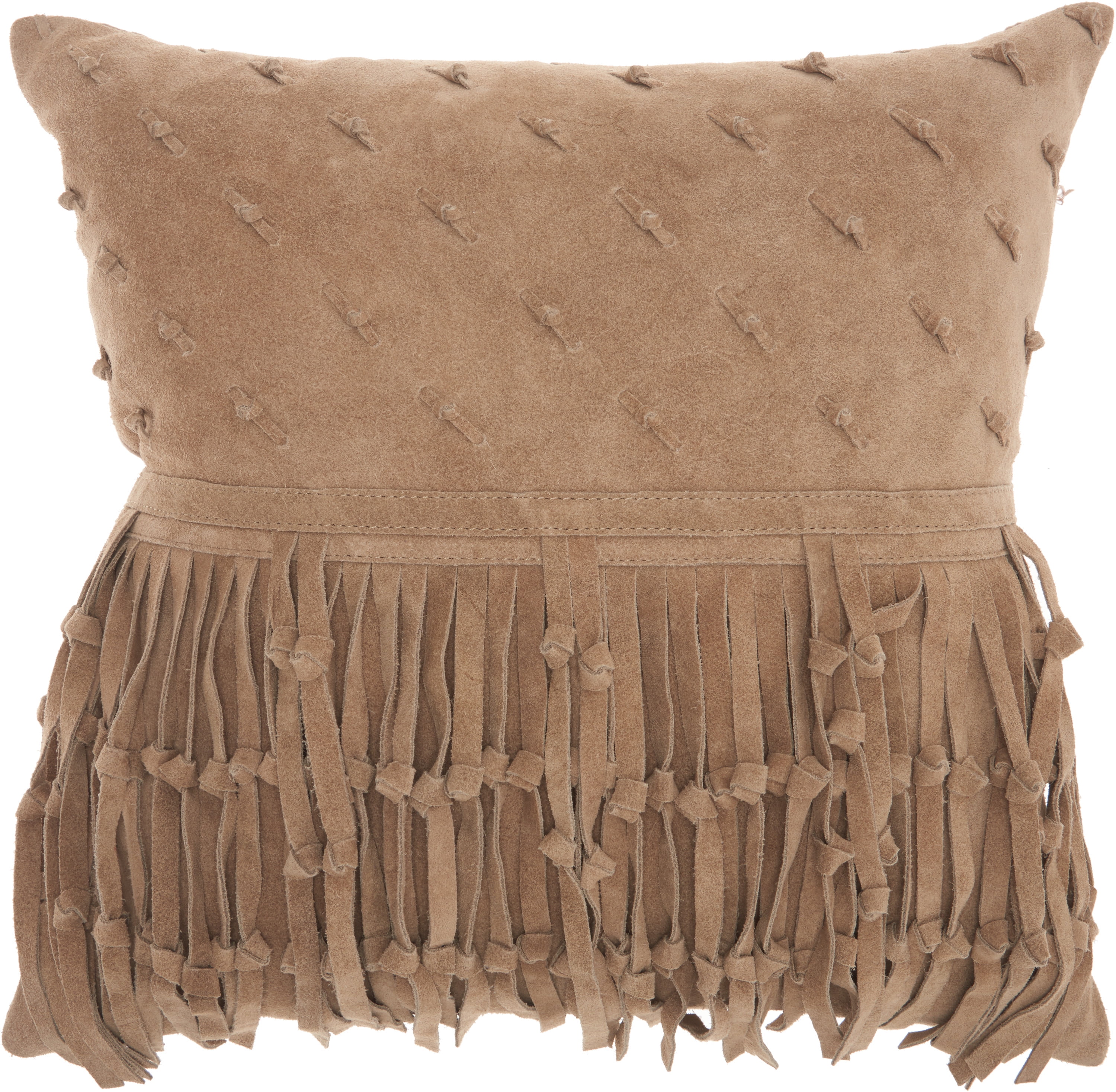 Beige 18" Square Genuine Leather Fringe Throw Pillow
