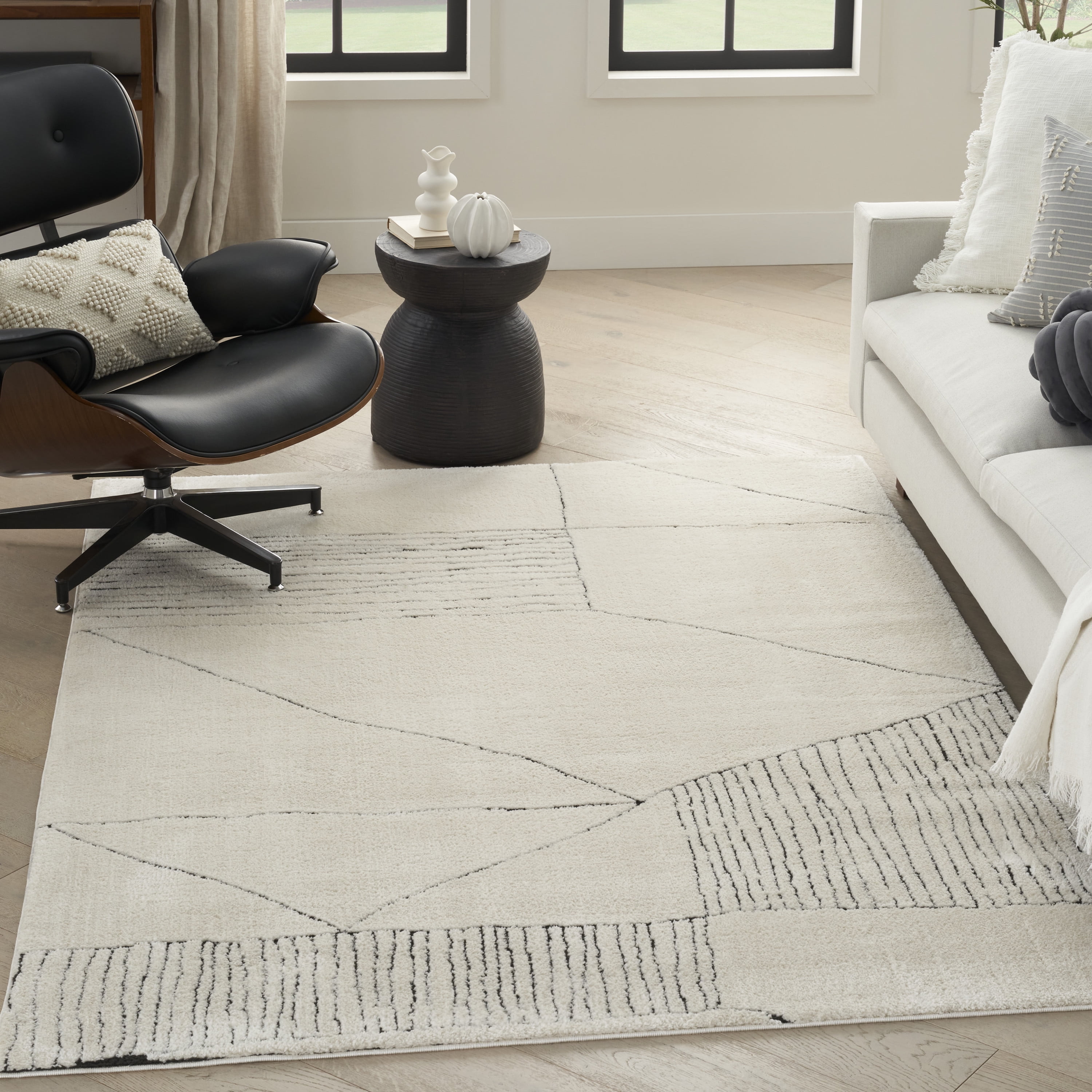Scandinavian Ivory and Black Abstract Synthetic 5'3" x 7' Area Rug