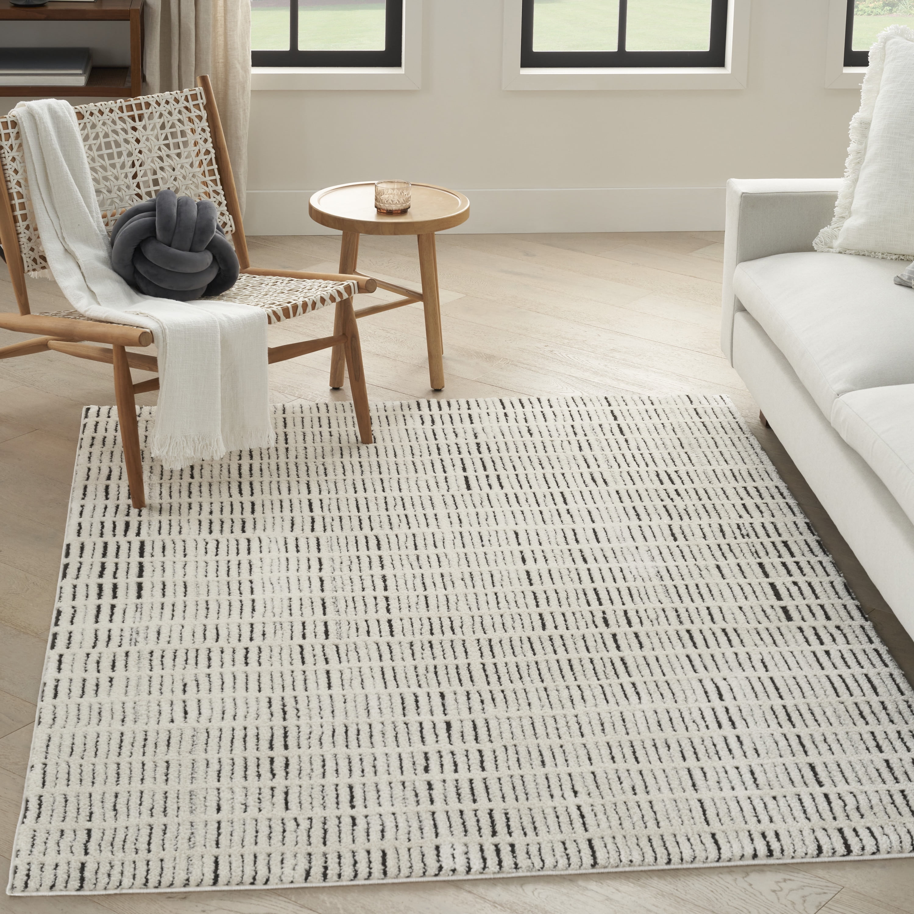 Ivory Black Geometric Rectangular Synthetic Area Rug 8' x 10'