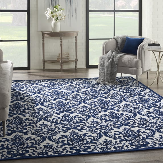 Nourison Damask Damask Ivory/Navy 8' x 10' Area Rug, (8x10)