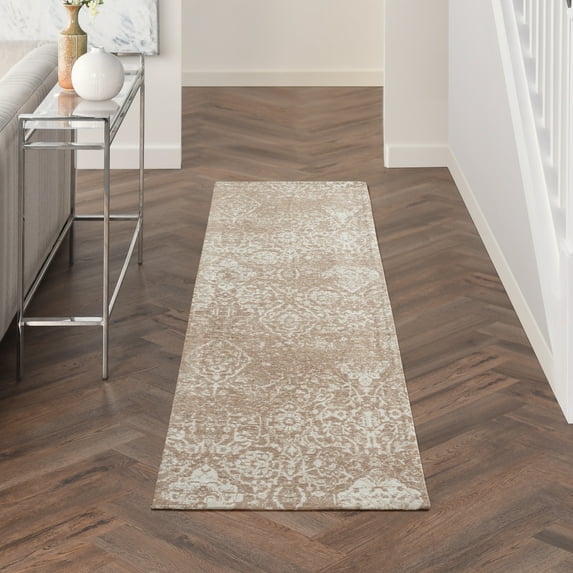 Nourison Damask Distressed Modern Beige Ivory 2'3" x 7'6" Area Rug, (8' Runner)