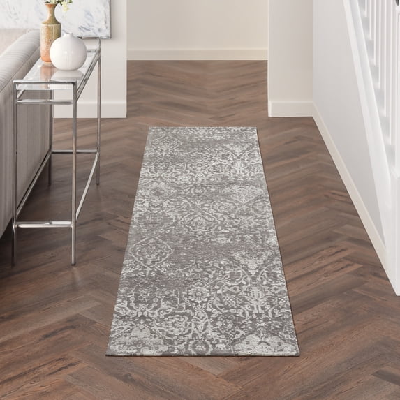 Nourison Damask Distressed Modern Dark Grey 2'3" x 7'6" Area Rug, (8' Runner)