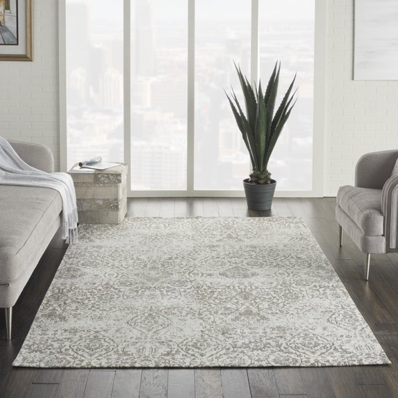 Nourison Damask Distressed Modern Ivory 6' x 9' Area Rug, (6' x 9')