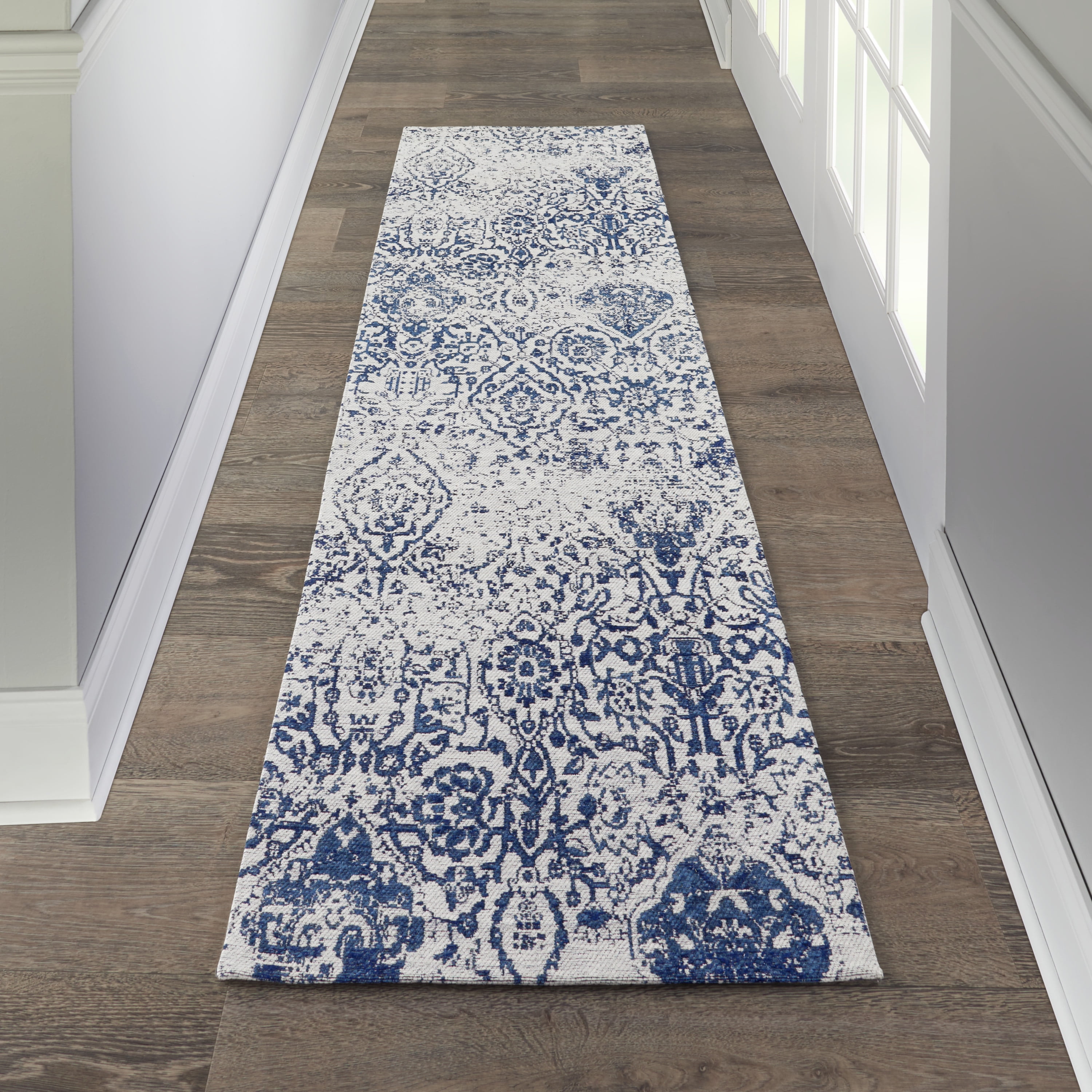 Ivory and Navy Floral Synthetic Runner Rug, 2'3" x 7'6"