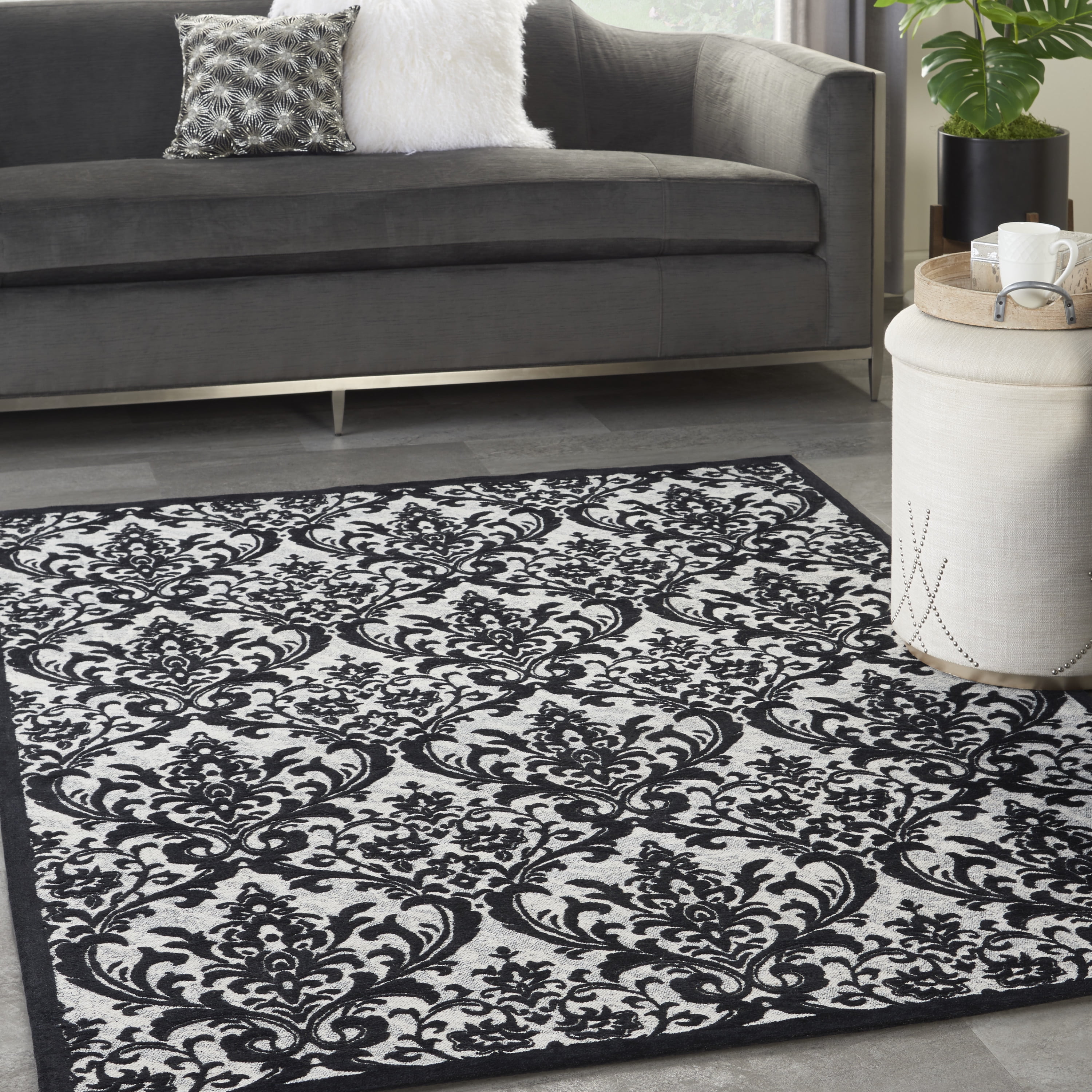 Vintage Black and White Cotton Chenille 5' x 7' Area Rug