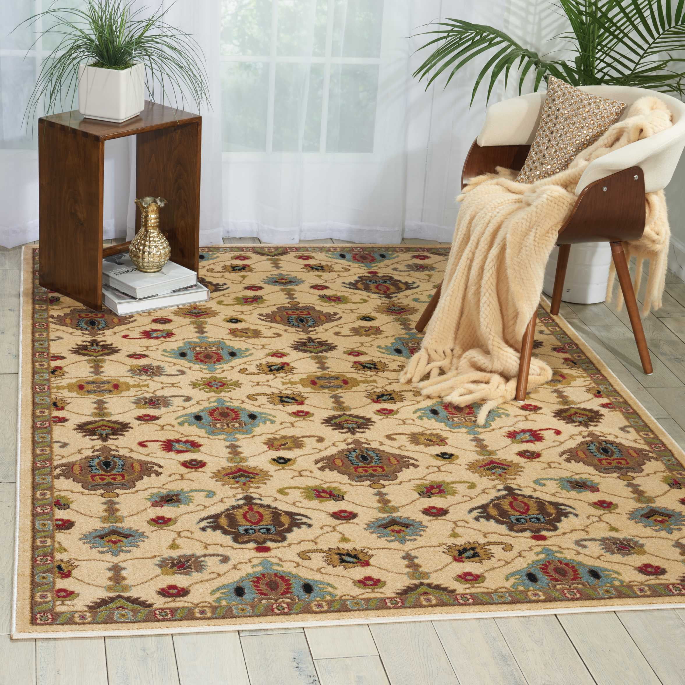 Ivory and Multicolor Synthetic Rectangular Area Rug 5'3" x 7'3"