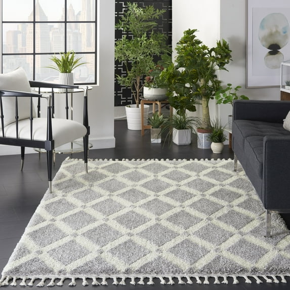 Nourison Diamond Trellis Shag DMT01 Gray/Ivory Indoor Area Rug - 5'3 x 7'10