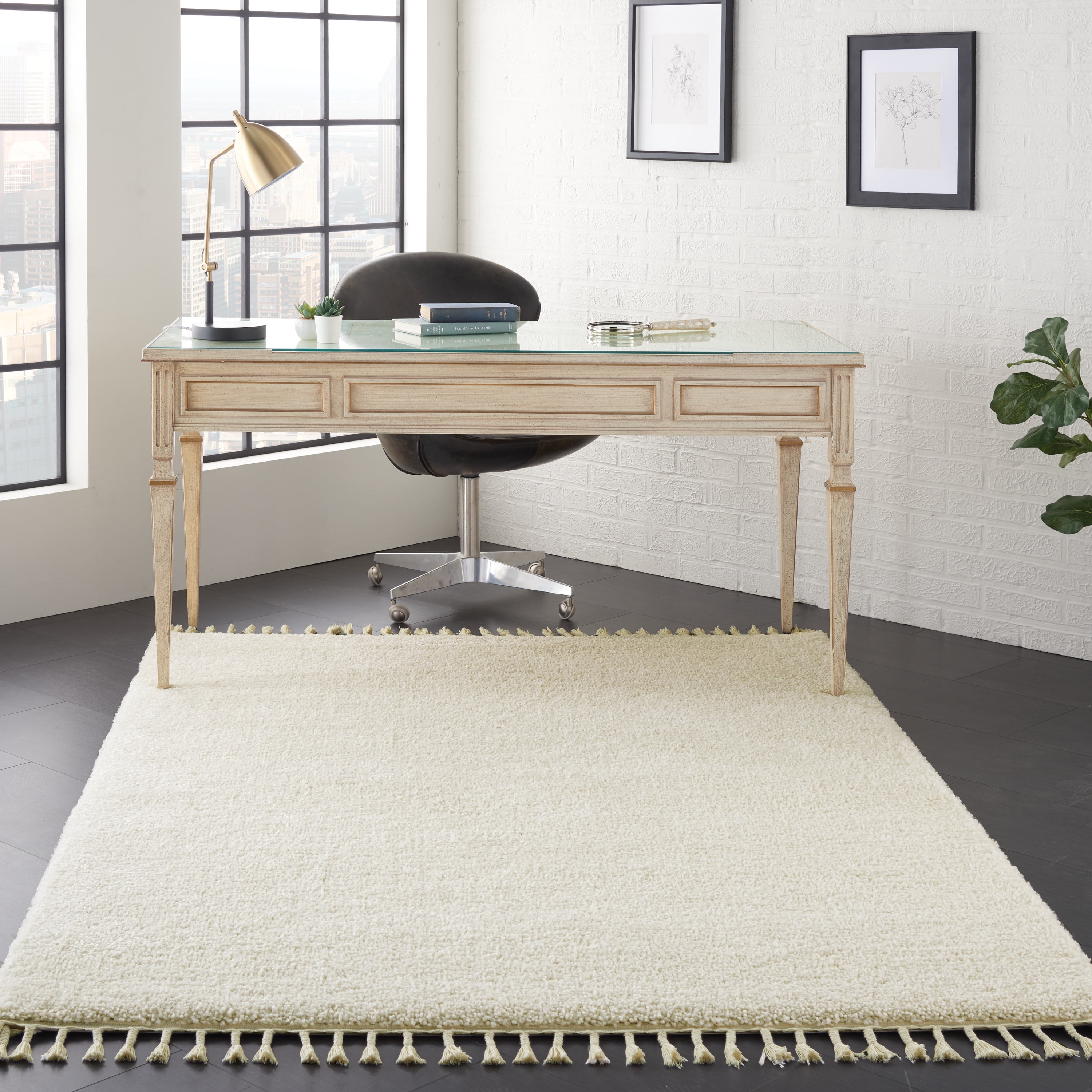 Nourison Diamond Trellis Shag Modern Solid Ivory Area Rug