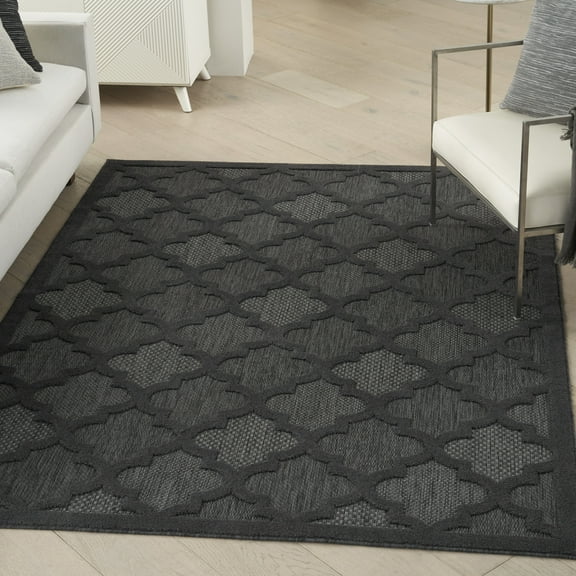 Nourison Easy Care Indoor/Outdoor Charcoal/Black 6' x 9' Area Rug, Moroccan, Trellis, Bedroom, Living Room, Backyard, Deck, Patio, Easy Clean, Non Shedding