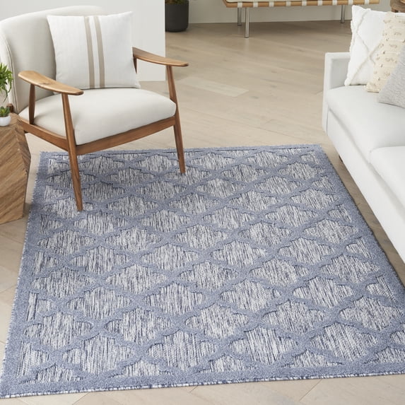 Nourison Easy Care Indoor/Outdoor Denim Blue 6' x 9' Area Rug, Moroccan, Trellis, Bedroom, Living Room, Backyard, Deck, Patio, Easy Clean, Non Shedding