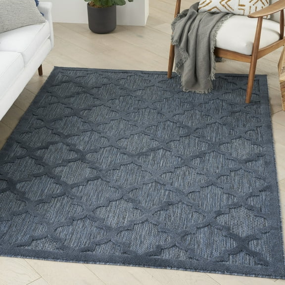 Nourison Easy Care Indoor/Outdoor Navy Blue 4' x 6' Area Rug, Moroccan, Trellis, Bedroom, Living Room, Backyard, Deck, Patio, Easy Clean, Non Shedding